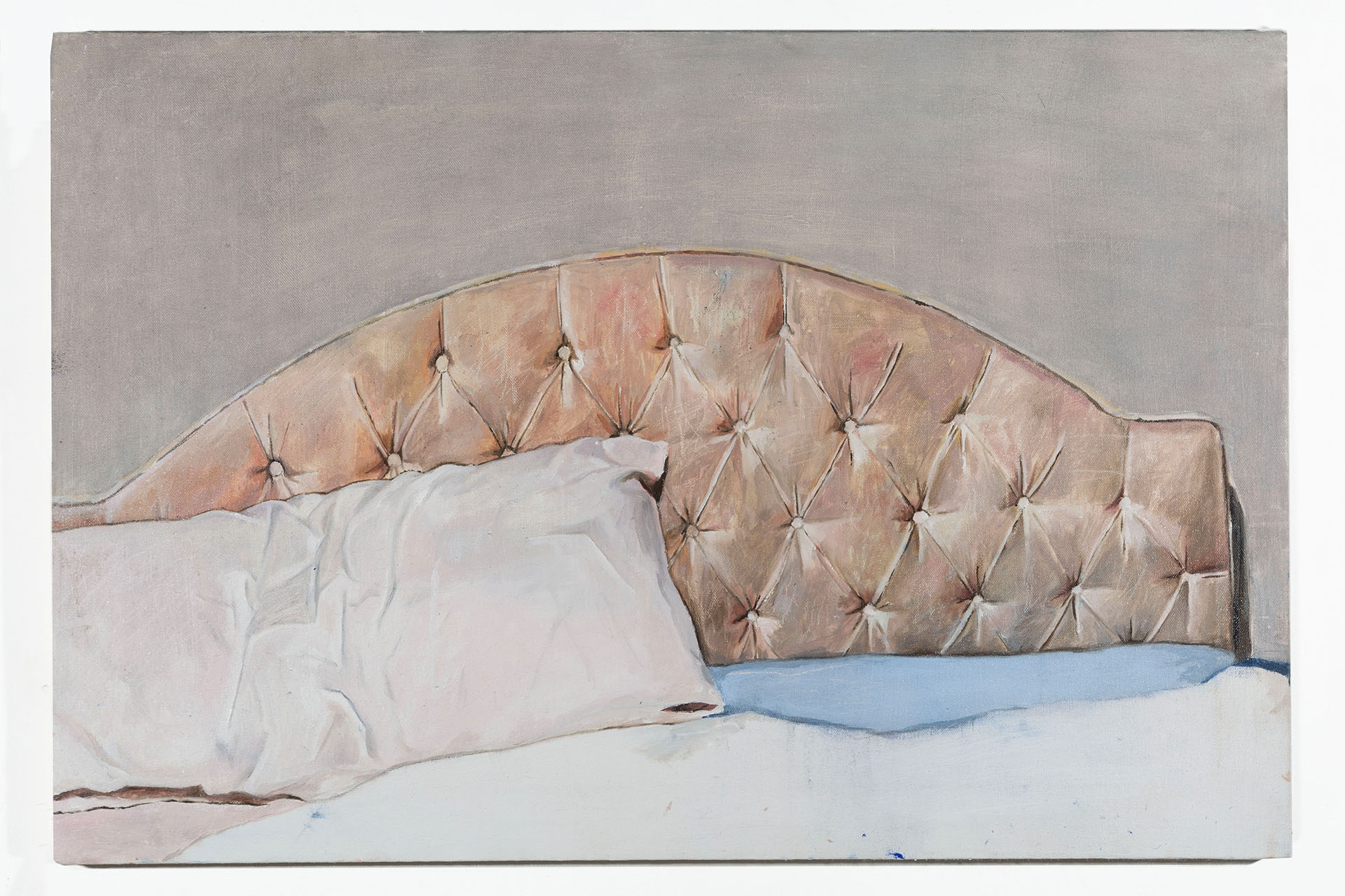 A modestly scaled painting of a made bed and headboard but with only one pillow. Represents a simultaneous absent and present body.