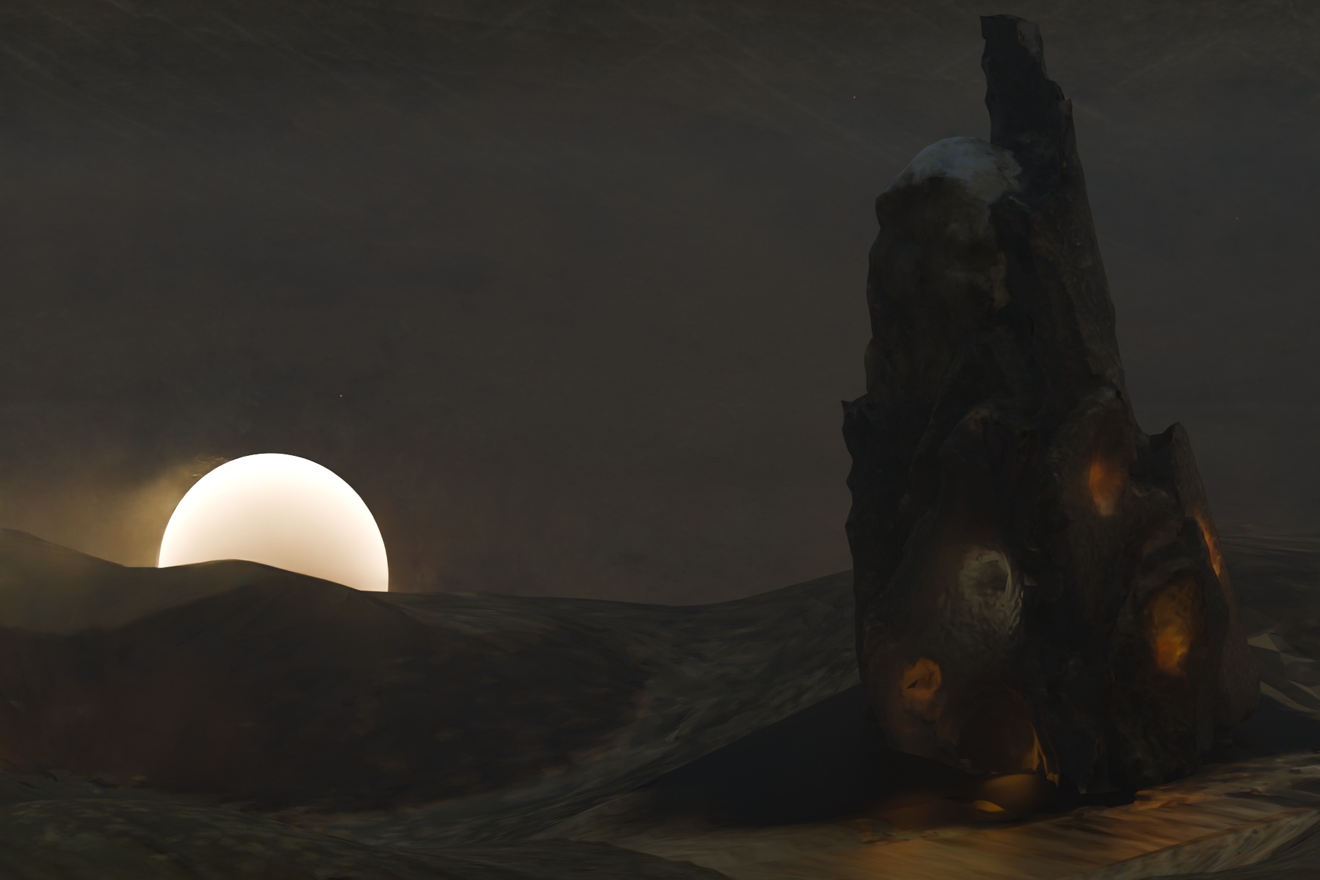 A dimly light landscape with a haze filling the space, a yellow sunset and house.