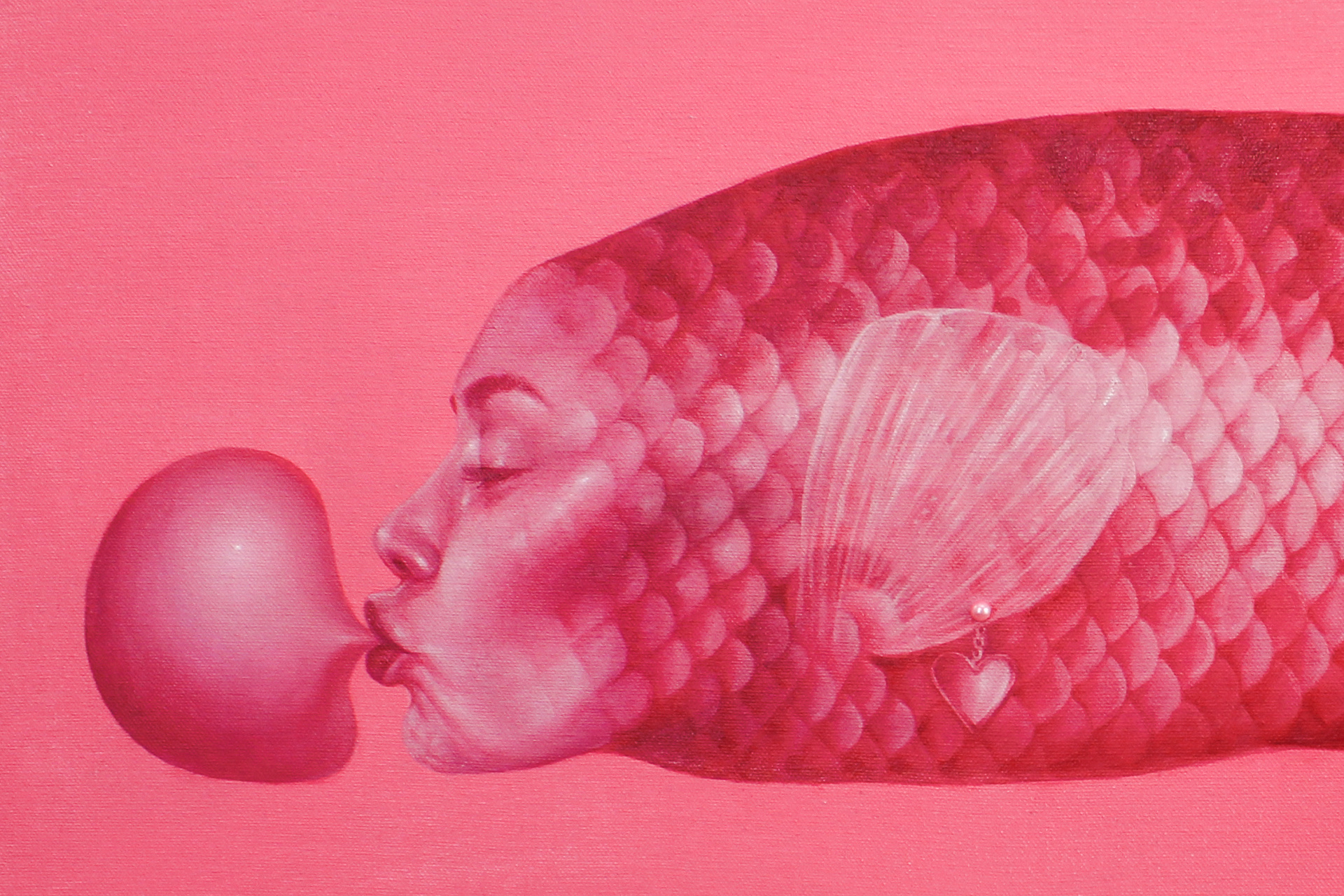 A painting of a pink fish with a woman's face. Instead of blowing a bubble, she is blowing bubblegum.