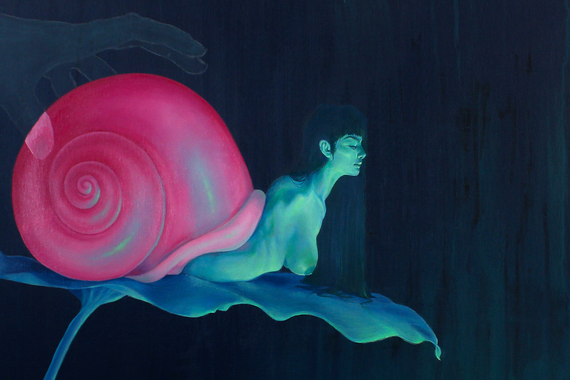A painting of a snail with the body of a human woman. She lingers on a leaf while a ghostly hand lingers above her threateningly