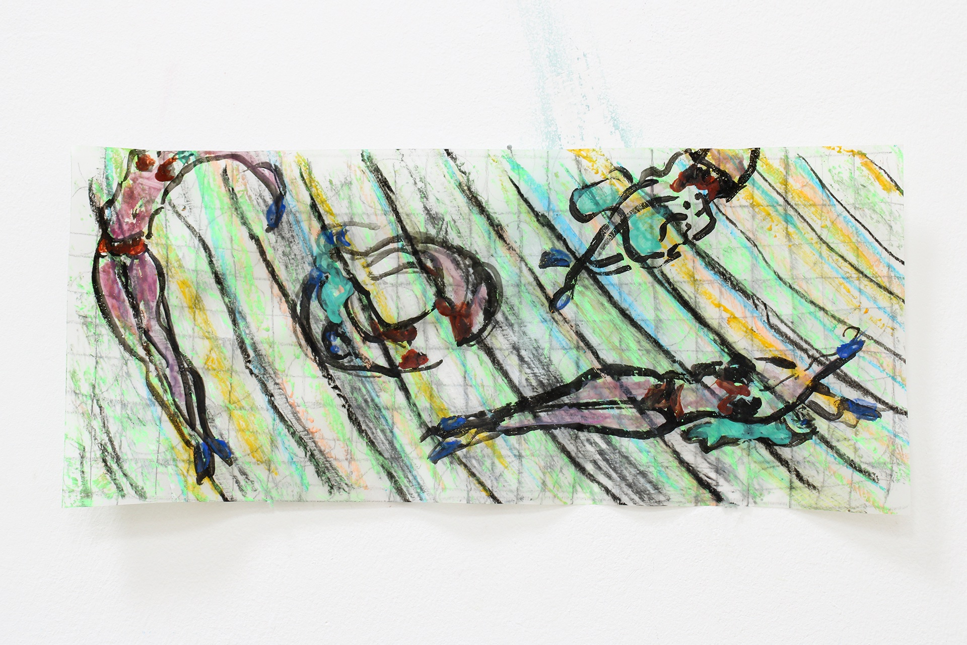 Four acrobats dance and dive across a striped surface painted on tracing paper. 