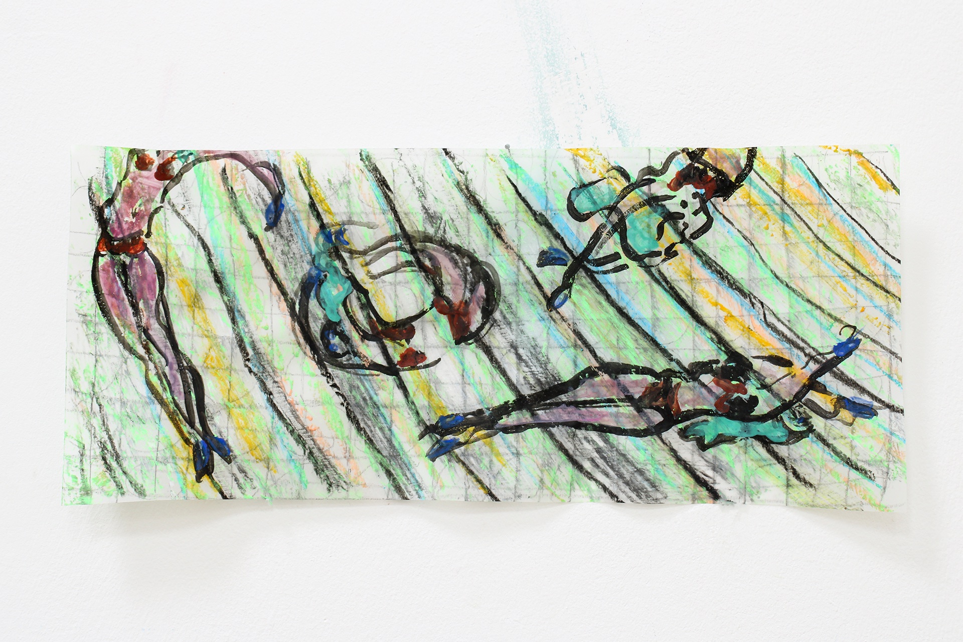 Four acrobats dance and dive across a striped surface painted on tracing paper. 
