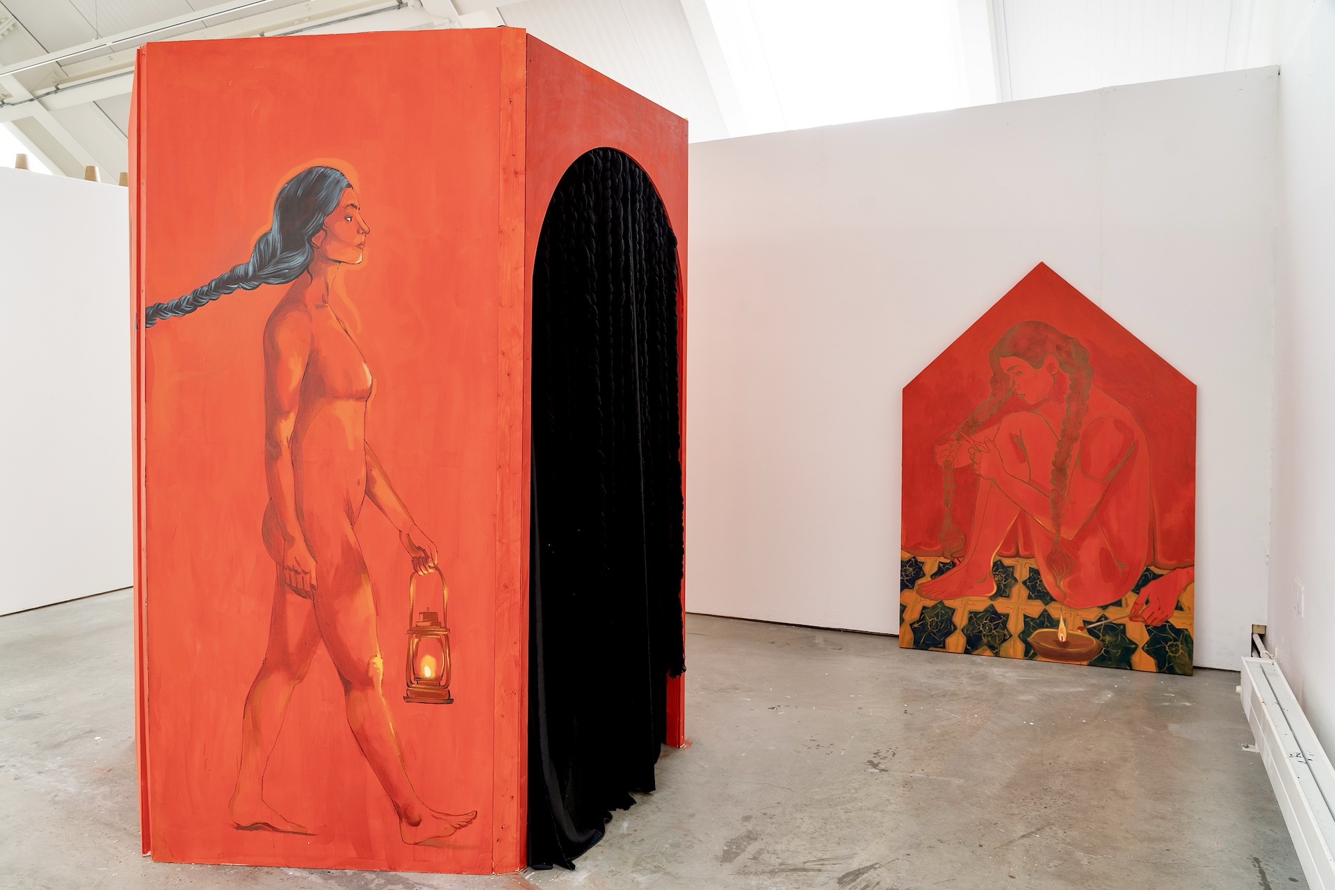 Installation, plywood, timber, velvet, yarn, acrylic paint, sound