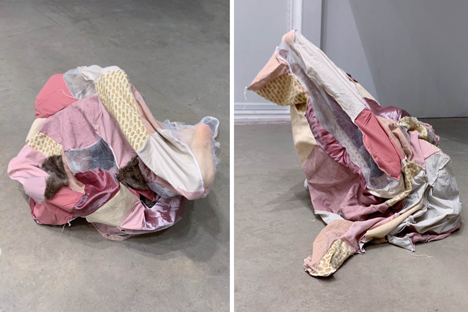 Two images, side by side, display a strange, sack-like fabric mass in different positions. The colour of the fabrics are tan, cream, and dusty pink, with sections of dark fur.