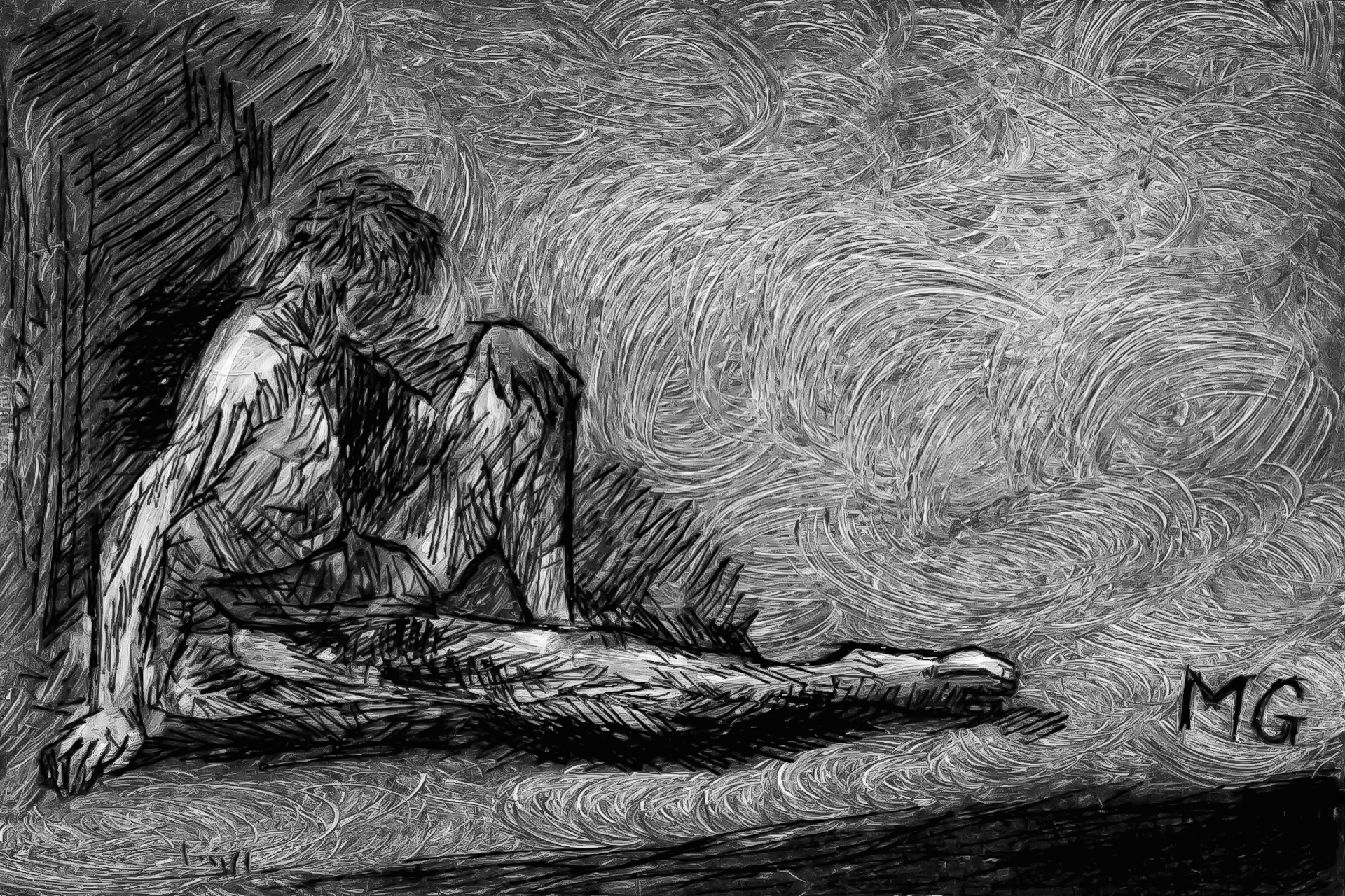 Etching print of a man sat on the ground looking out into the distance