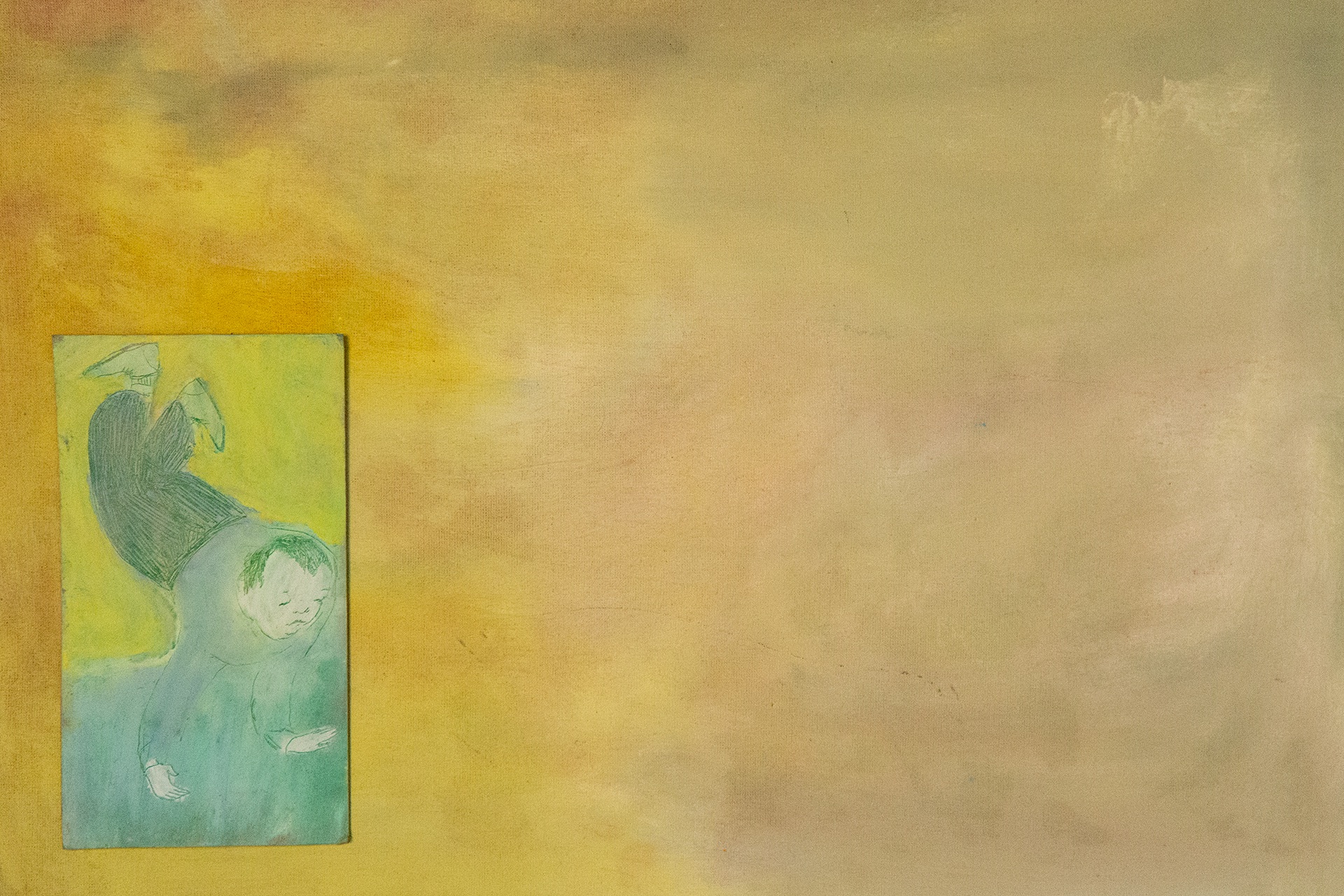 Yellow and green painting of a male figure walking on his hands