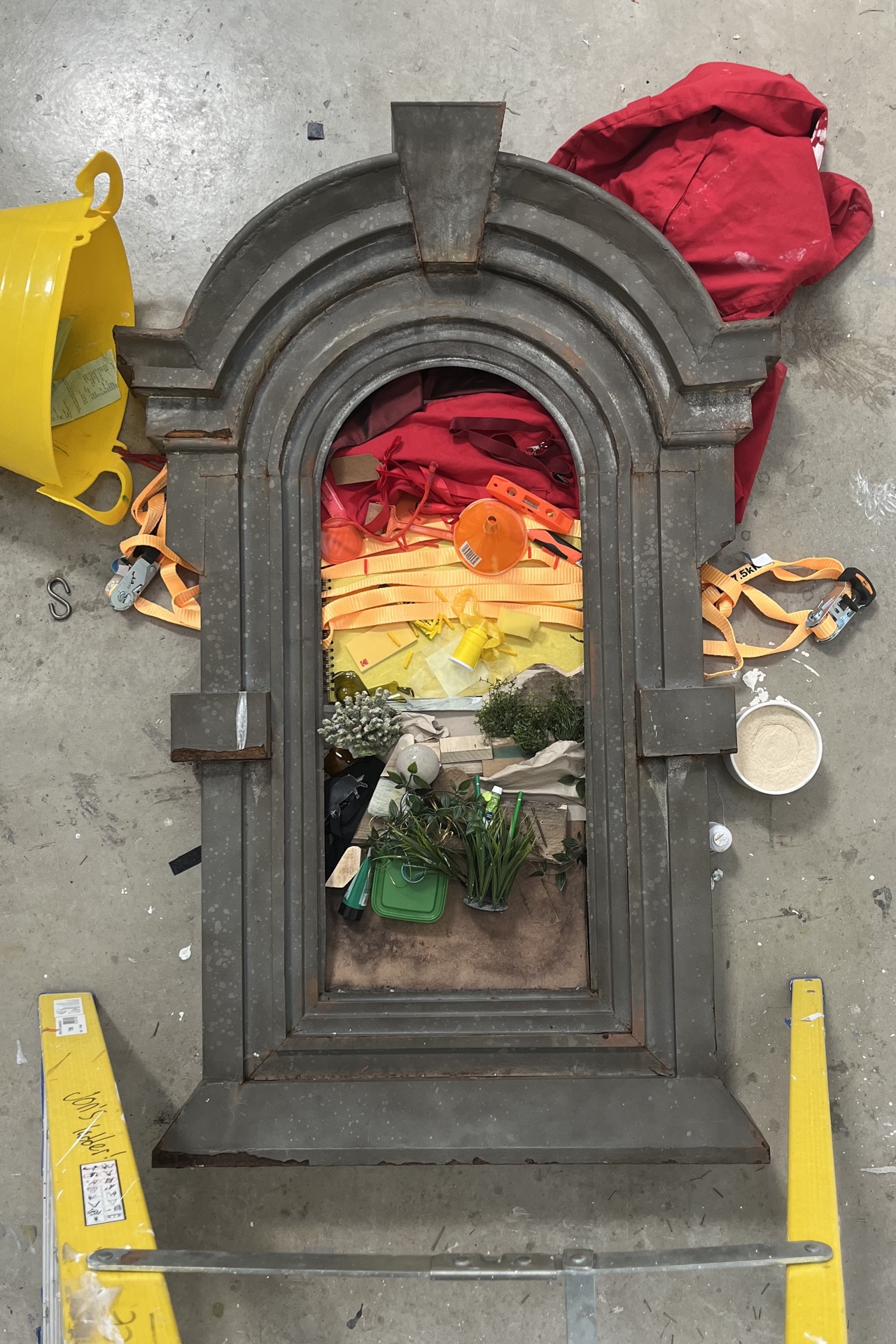 Metal arch, assorted studio materials. Approx 130cm x 60cm x 20cm