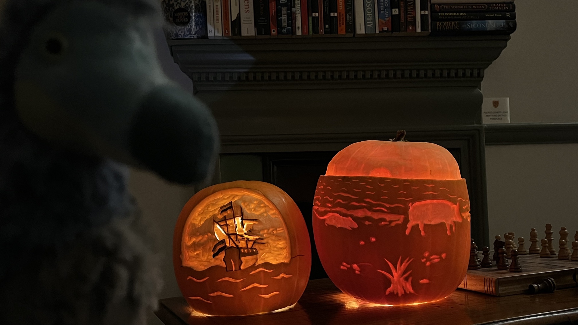 Pumpkins, stuffed dodo. Approx 30cm x 30cm x 30cm each