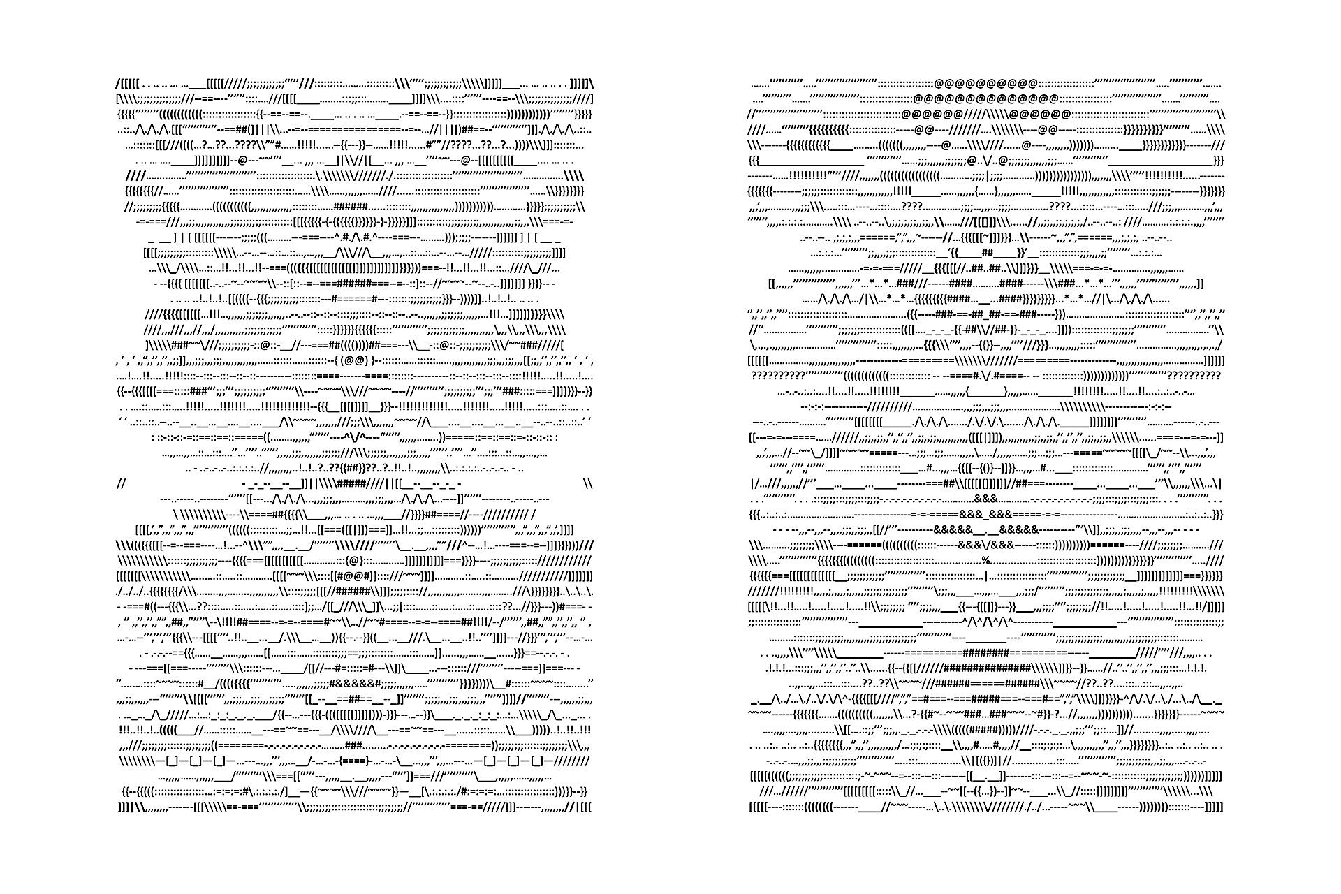 Two documents containing lines of text exclusively of punctuation or symbols to form symmetrical abstract compositions. 