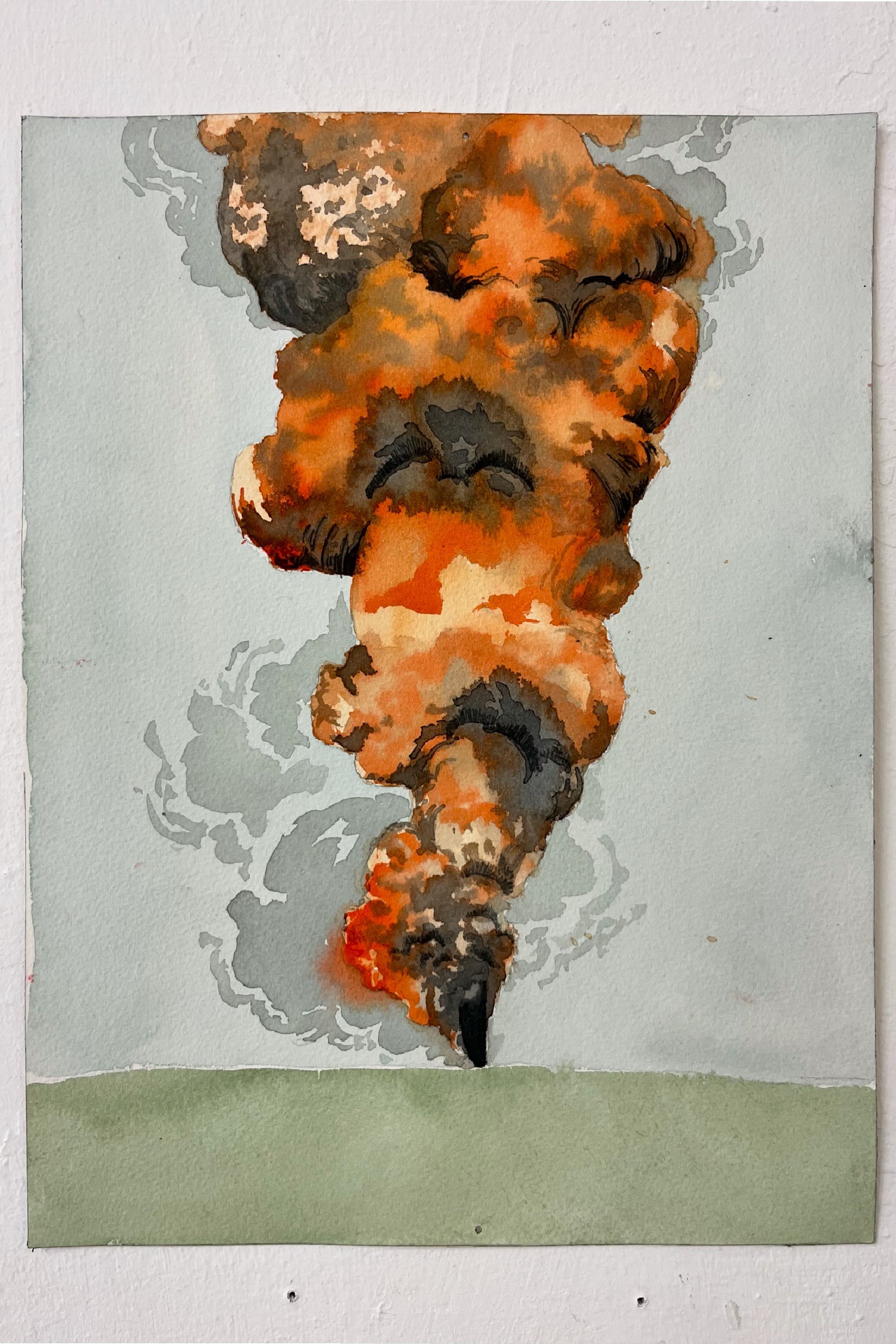 A watercolour study of a brightly burning oil well fire in a green field with a blue sky. The pillar of fire is fluid orange and grey, with controlled black hatching in the darkest areas. Clouds of grey smoke surround the heart of the fire.