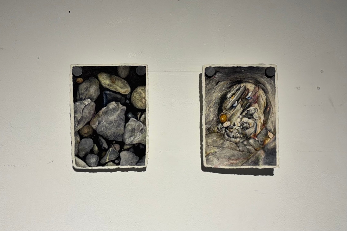 Image shows two watercolour paintings of rocks.