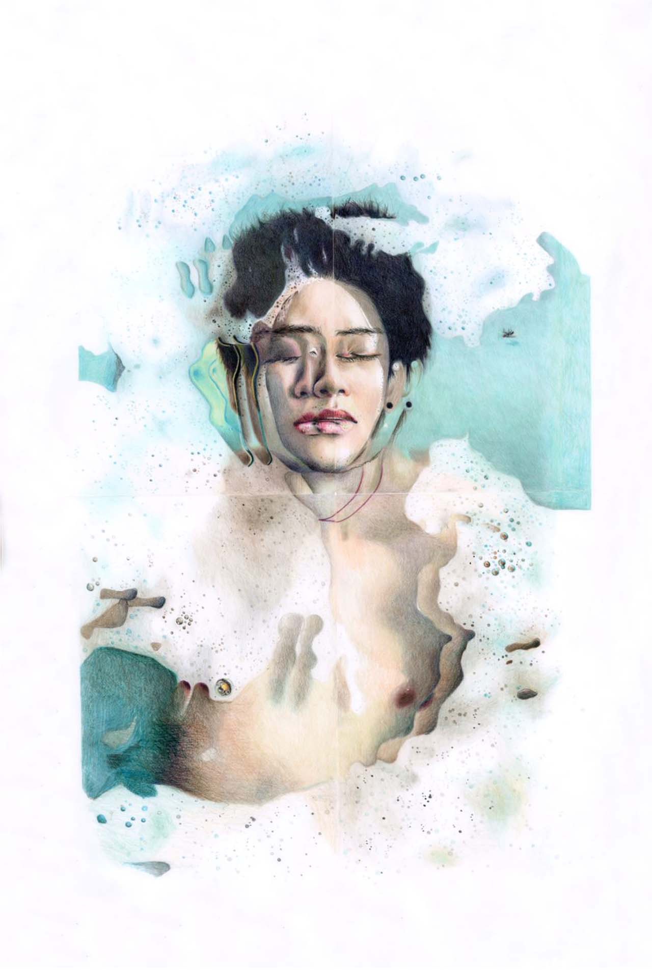Coloured pencil drawing of a man submerged and bugs in a bubble bath with a digital doubling effect.