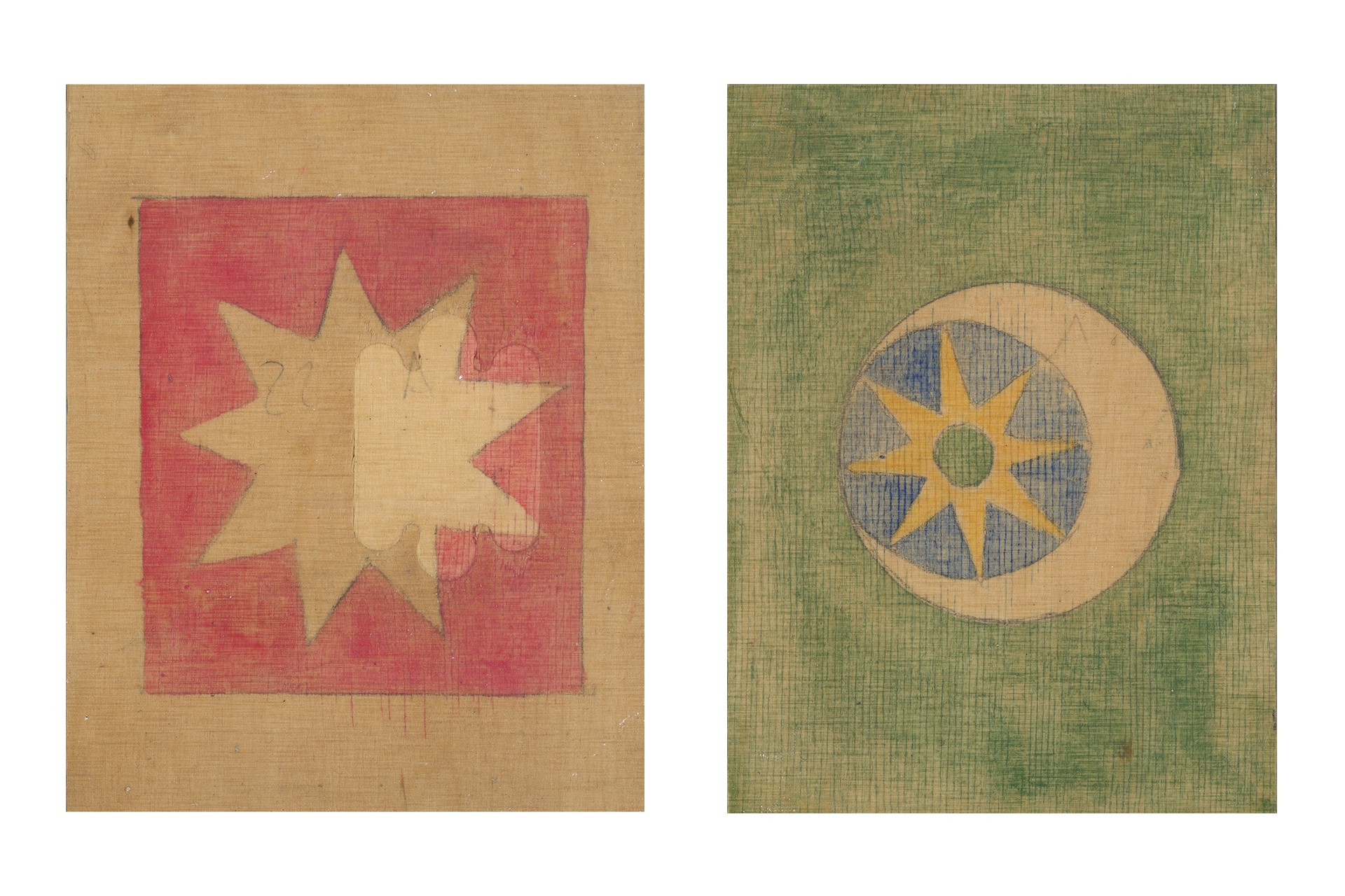 Two wooden tiles. Star and moon motifs painted in thin layers of paint over exposed wood. Pink, blue, green and yellow.