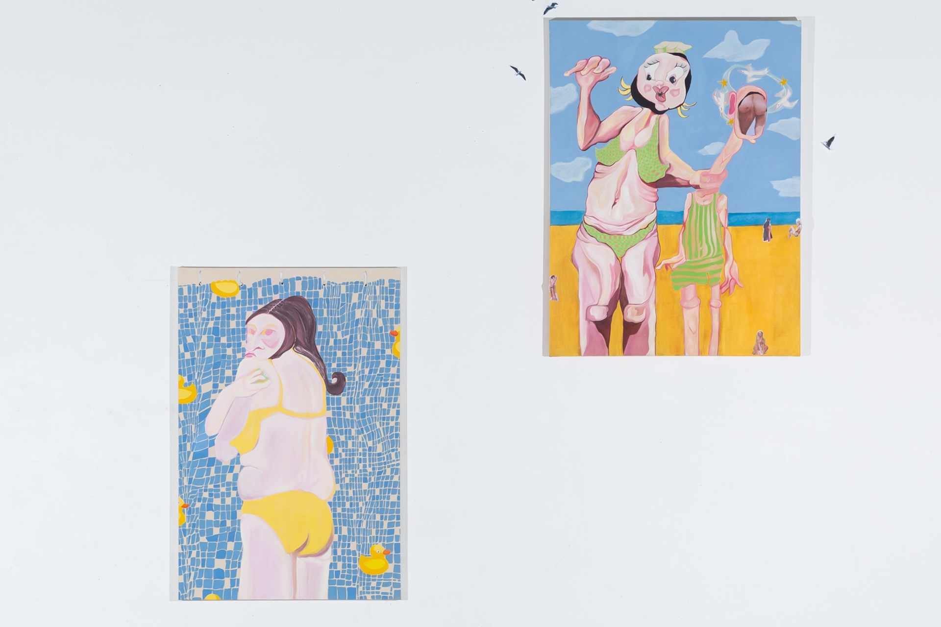 On the canvas on the left, the lady is interrupted during her shower. On the right canvas, two punters enjoy the fun of seaside attractions.
