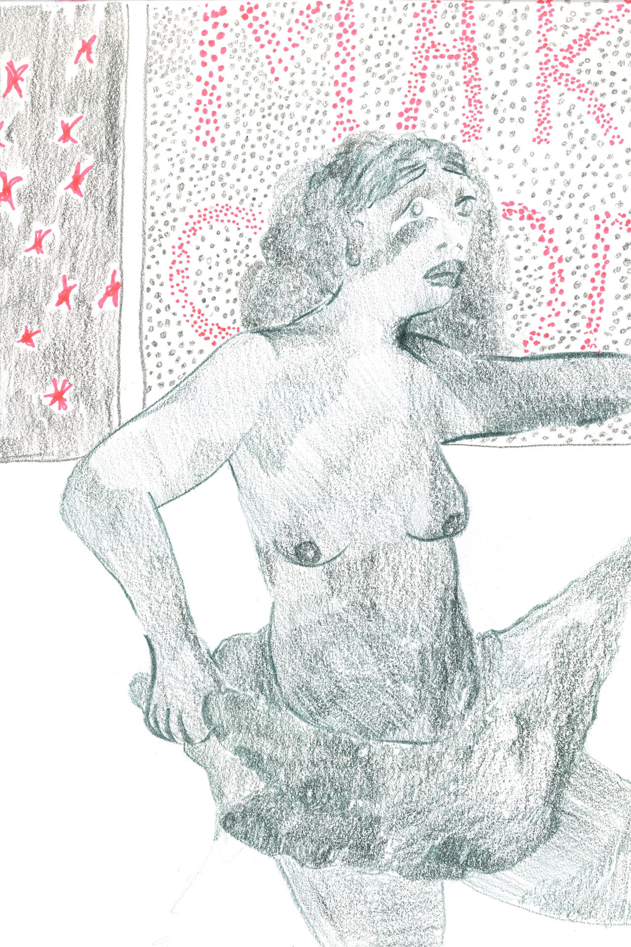 A light coloured pencil drawing of a woman holding up her skirt as she kicks her leg forward and stares into the distance, avoiding eye contact with the viewer. She stands in front of a street sign that has red stars on the left and on the right reads 'MAK