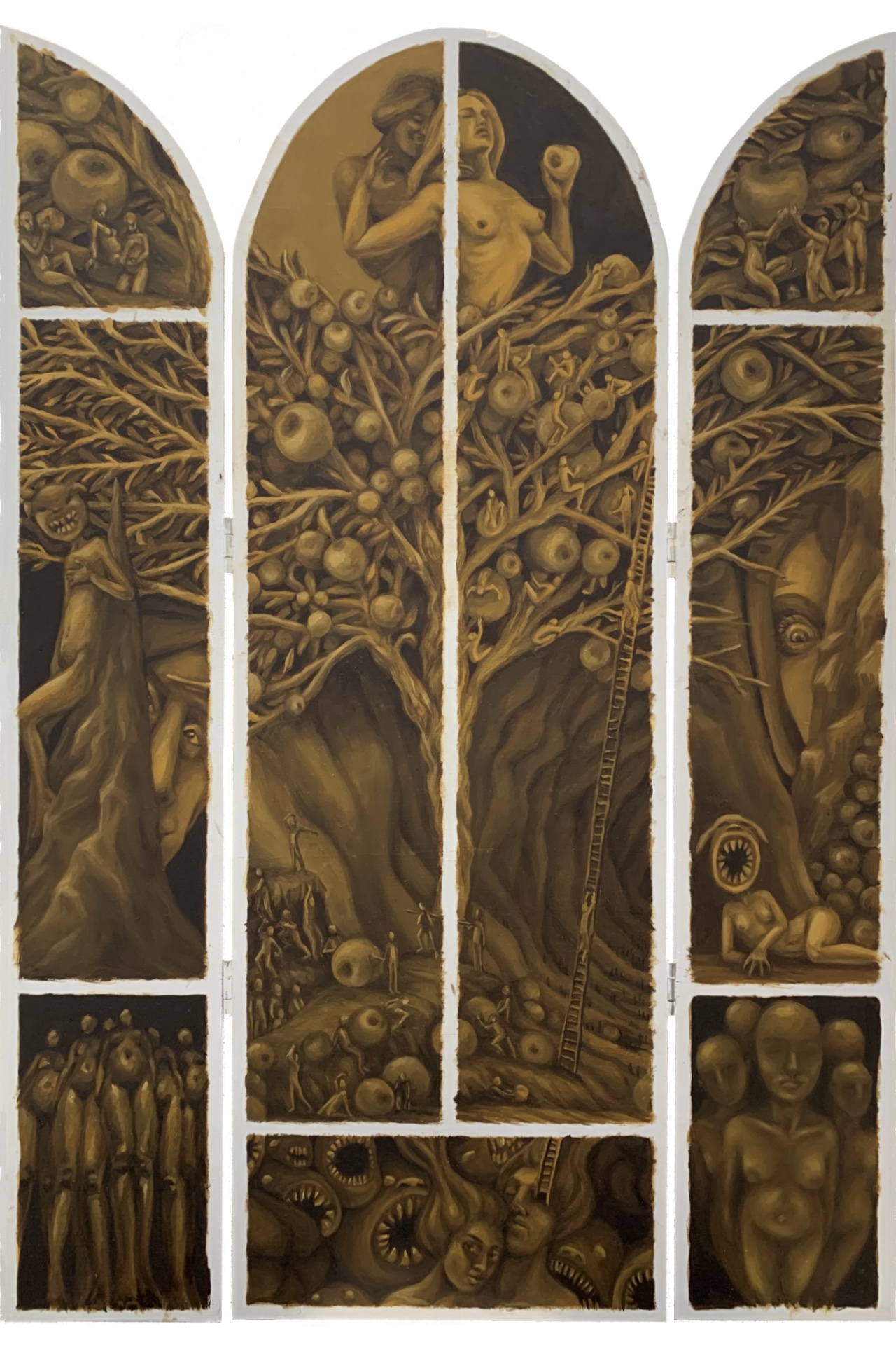 Three panelled altarpiece showing different scenes around a big apple tree