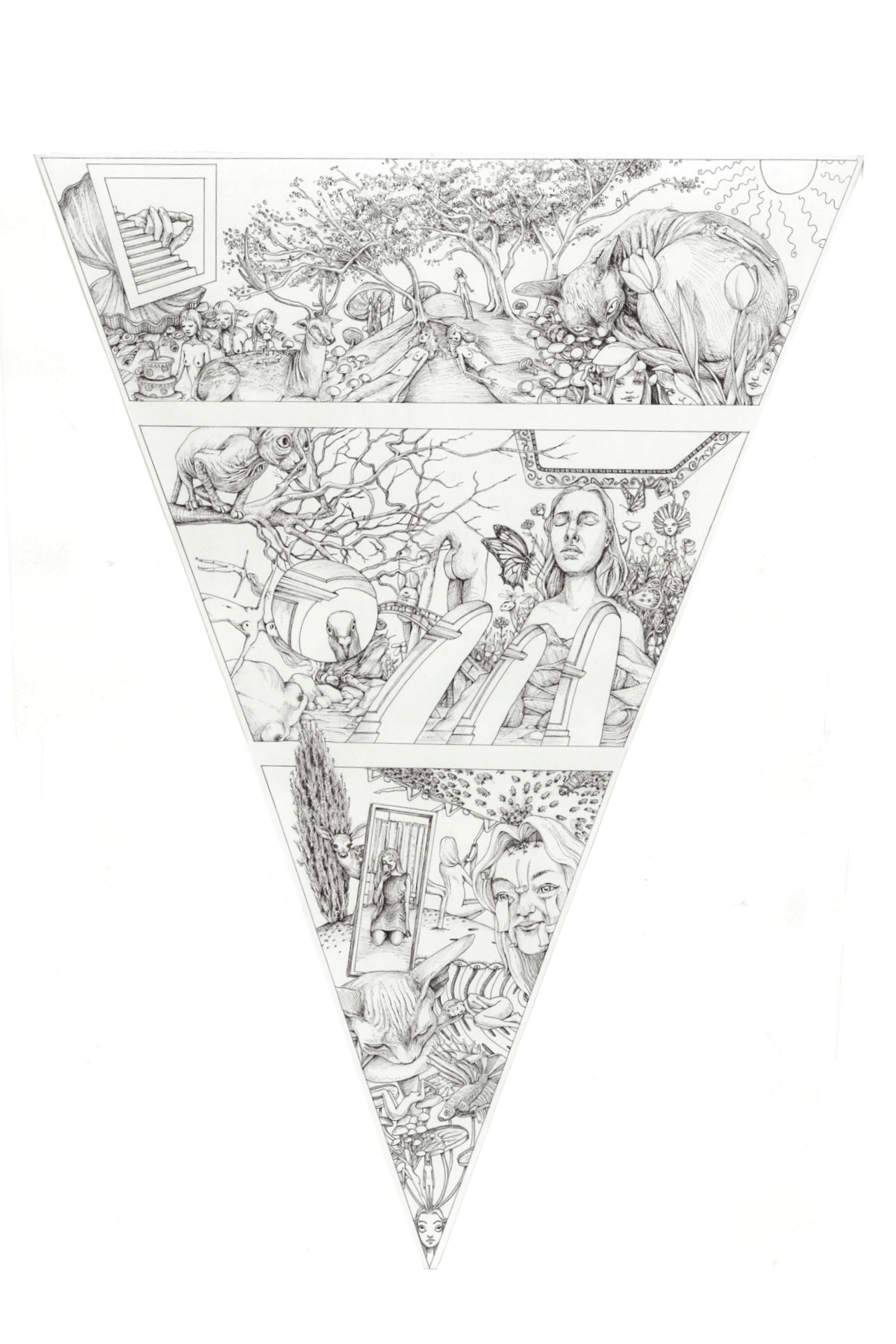 Detailed ink drawing in the shape of a triangle.