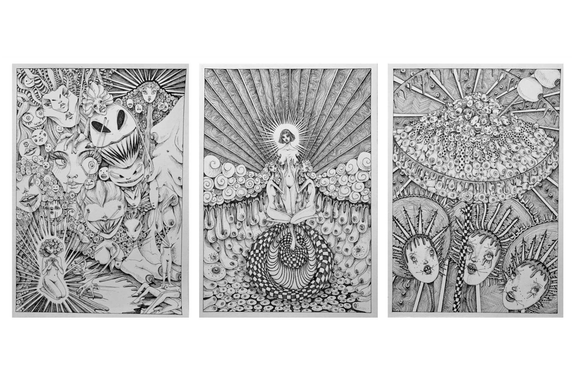 Three detailed ink drawings featuring fantastical bodies, creatures and patterns.