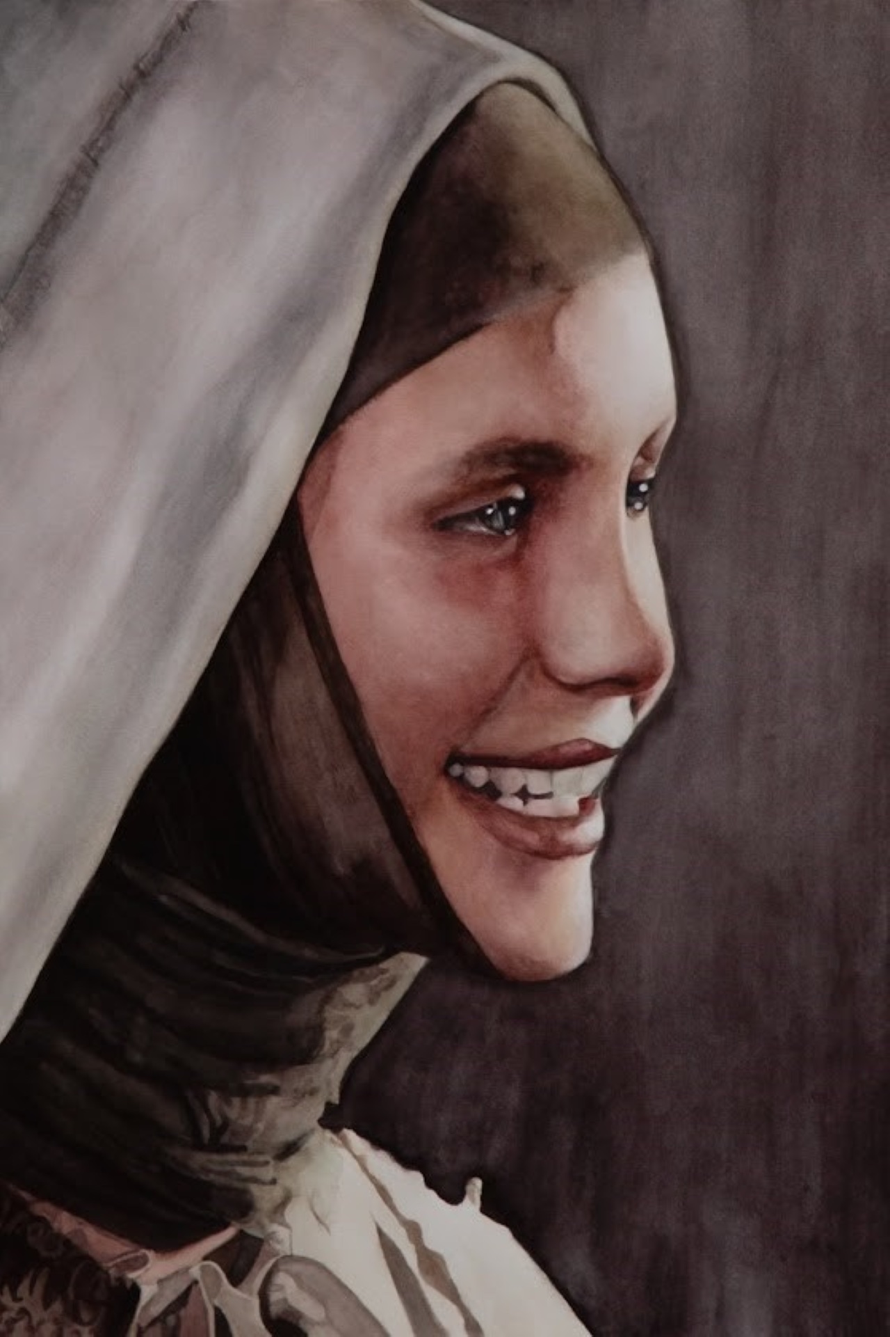 A watercolour painting of a nun in profile view, facing to the right.  She is smiling, overcome by something we cannot see.