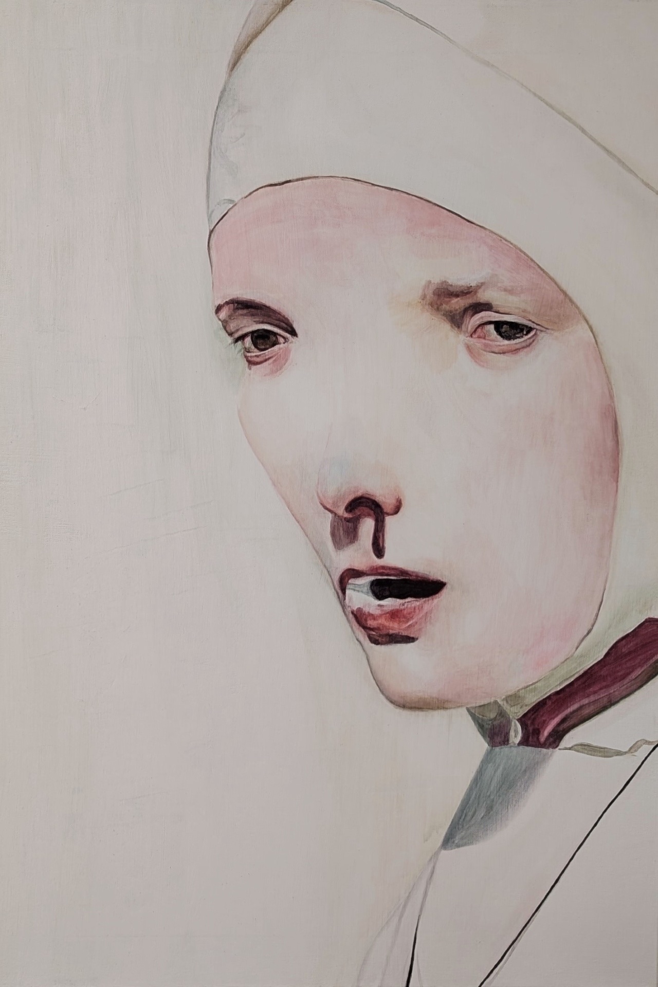 A watercolour painting of a what could be nun in three-quarters view.  She is unnaturally pale except for her features, and her nose is bleeding.  Her face is very distorted, her eyes impossibly far apart.