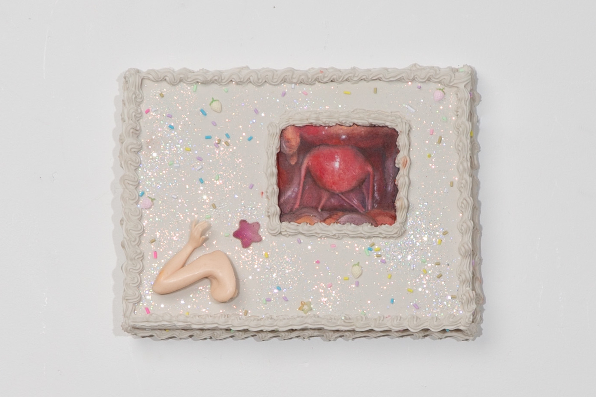 A rectangular wall piece with a glittery white surface and piped, frosting-like border. Colorful sprinkle shapes are scattered across it. A small framed image near the top shows a red, rounded image of a fallopian tube, while a sculpted plastic arm and han