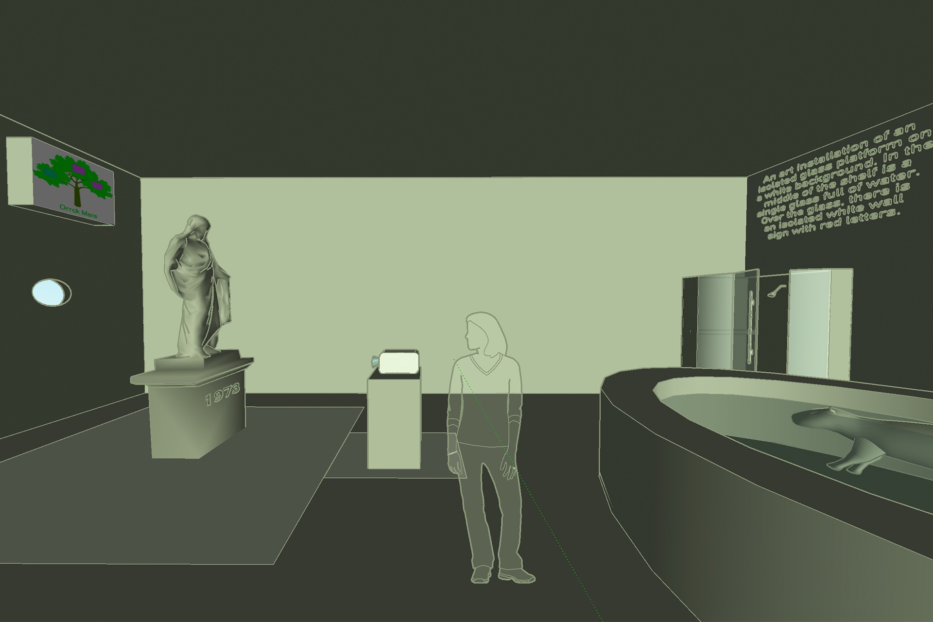 Virtual room with deselected greyish walls in Google Sketchup. All objects and characters inside the room are simply shaped and the same colour as the walls. 