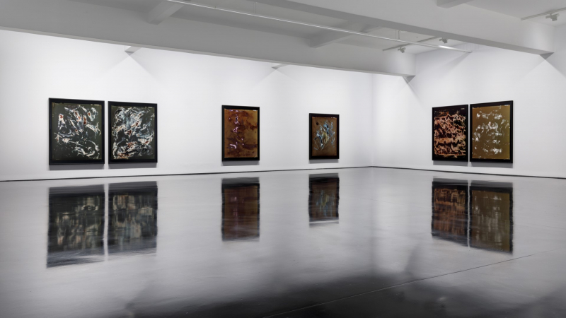 A gallery view of dark large paintings against a white background.
