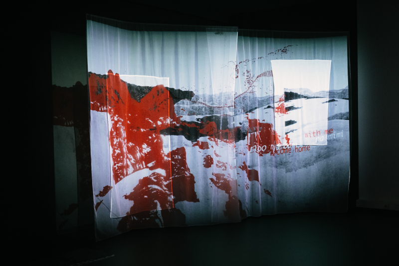 A view of a video installation, showing a bleak landscape in black and white screened on a white sheet with red splashes of paint.